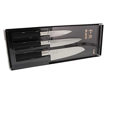 Imagen de KAI Wasabi Black Juego de cuchillos 3 piezas Cuchillo multiusos 10 cm, 15 Santoku 16,5 cm Acero inoxidable 6A/1K6 pulido 58 (±1) HRC Mango polipropileno negro