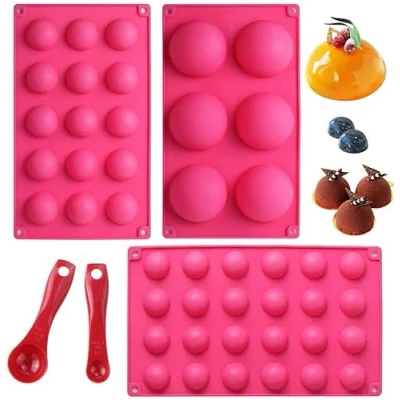 Imagen de Webake 3 Pcs Molde Silicona Semi Esfera con 2 cucharas medidoras para decoración de pasteles, gelatina, pudín, chocolate, 6 cavidades, 15 24 cavidades Semiesferico, Ø 7 cm, 3,8 cm