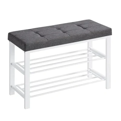Imagen de SONGMICS Banco, Zapatero de 3 Niveles, Organizador Zapatos con Asiento Acolchado Espuma, Lino, Marco Metal, para Sala Estar, Pasillo, 31 x 81 49 cm, Blanco y Gris LBS057W03, Acero aleado