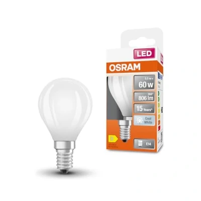 Imagen de Osram LED Star Globe en forma clásica de mini bola, 5,5 W / 806 lm, 4000 K para luz blanca fría, CRI 80, fabricada vidrio esmerilado sin plomo, casquillo E14, IP20, EEK D, 45 mm diámetro.