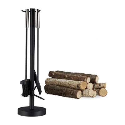 Imagen de Relaxdays Juego de Utensilios Chimenea Moderno, Acero y Inoxidable, Negro, 4 Unidades