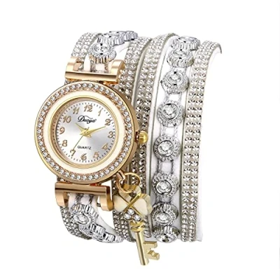 Imagen de JewelryWe Reloj de Cuarzo Analógico, Bohemia Cuero Completo Rhinestone Envolvente Señoras Blanco