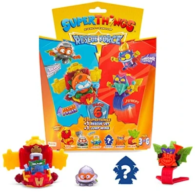 Imagen de Rivals of Kaboom 8431618019603 Superthings Serie Rescue Force, Este Pack Incluye 4 Figuras coleccionables (1 capitán Plateado Sorpresa y un SuperThing con Efecto Cromado) + 1 Jet Jump Wing