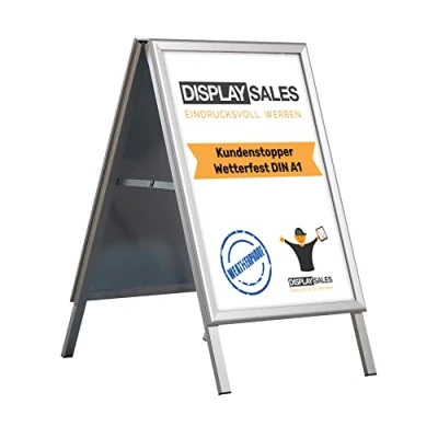 Imagen de DISPLAY SALES Publicidad exterior a la intemperie A1 porta carteles con perfil de 25 mm para DIN caballete pizarra orificios drenaje agua incl. 2 láminas PET