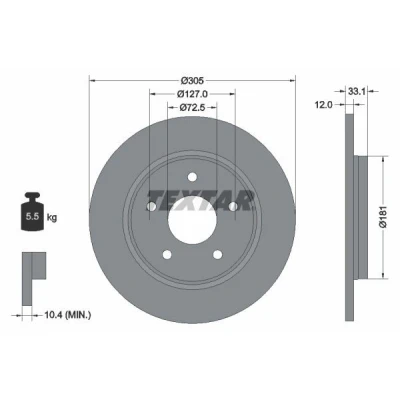 Imagen de TEXTAR PRO+ 92181005 Disco de freno 305 12 05/05 127 macizo revestido altamente carbonizado sin perno sujeción rueda, buje rueda