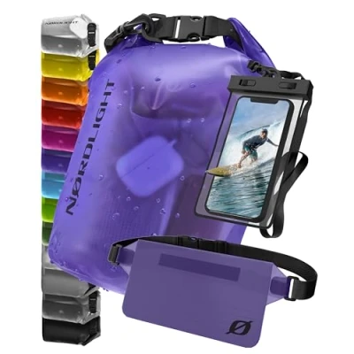 Imagen de Nordlight Juego de 3 Bolsas Impermeables (Púrpura) Dry Bag 20L + Funda Impermeable para teléfono móvil riñonera protección IPX8 con Correas Ajustables Playa Paddling
