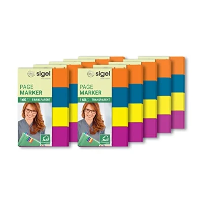 Imagen de SIGEL HN614 Marcapáginas, cinta de filme transparente y adhesivos, 10 fundas 160 tiras 50 x 20 mm, 4 colores