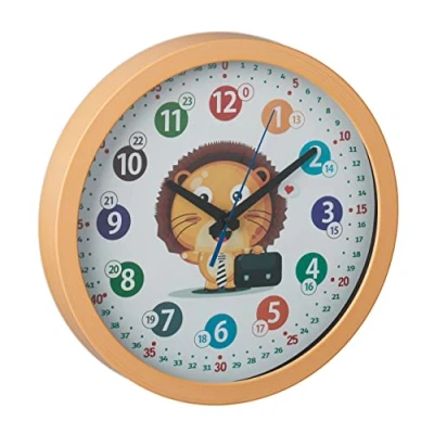 Imagen de Relaxdays Reloj Pared Aprender la Hora, Números Coloridos, Diseño León, con Segundero, Ø30cm, Cuarto Niños, Multicolor, Aluminio, 30 x 4,5 cm
