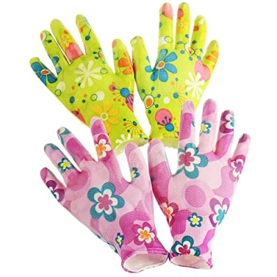 Imagen de com four® Juego de 2 guantes premium jardín para mujer Motivo floral látex, revestimiento antideslizante, talla S (02 pares morado/verde S)