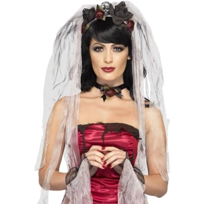 Imagen de Smiffys Kit de novia gótica, con velo rosas y calaveras, gargantilla guantes