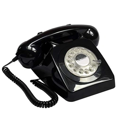 Imagen de GPO 746 Teléfono fijo de disco con estilo retro los años 70 Cable en espiral, Timbre auténtico Negro