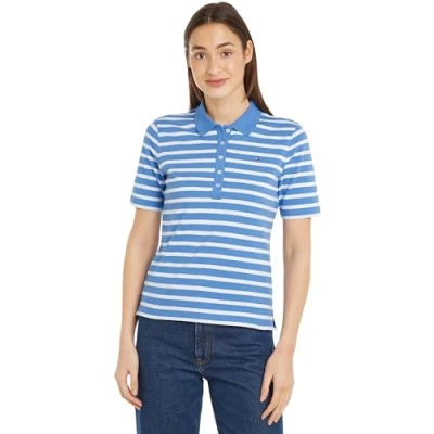 Imagen de Tommy Hilfiger Polo de Manga Corta para Mujer 1985 Pique Stripe Regular Fit, Multicolor (Breton Ecru/Blue Spell), XL