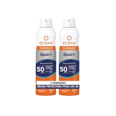 Imagen de Ecran Sunnique Sport Bruma Protectora Solar SFP 50, Protección Alta UVB, UVA, Frescor Instantáneo, Refuerza las Defensas, Muy Resistente al Agua, para Todo Tipo de Pieles Pack 2 x 250 ml