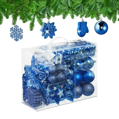 Imagen de Relaxdays Set 100 Bolas Árbol Navidad, Bolitas Navideñas Brillantes, con Purpurina y Mate, 10 Diseños, Azul, 9 x 8,5 2,5 cm