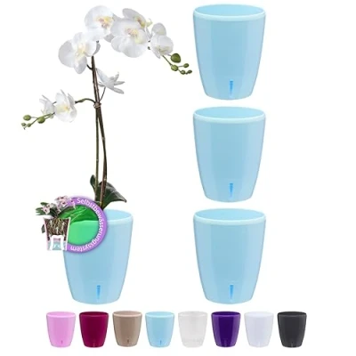 Imagen de Santino Juego de 4 Macetas para Orquídeas Ø 15cm Autorriego con Sistema Mecha e Indicador Nivel Agua Interior (Ø 2L Azul)