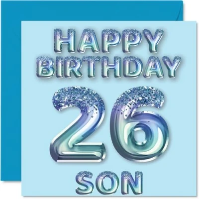 Imagen de Tarjeta de cumpleaños número 26 para hijo, globos fiesta con purpurina azul, tarjetas feliz hijo años parte mamá, papá, padres, felicitación