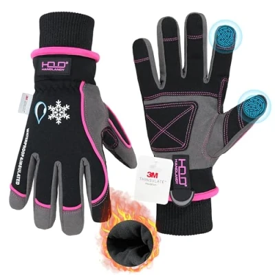 Imagen de HANDLANDY guantes de trabajo aislados impermeables, térmicos invierno para hombres y mujeres, pantalla táctil, cálidos esquí, snowboard, clima frío (rosa, L)