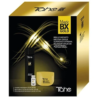 Imagen de Tahe Magic BX Gold Pack Prolongador del Efecto de para Cabellos Secos, Champú Redensificador 300 ml y Mascarilla Redensificadora 5 viales 10