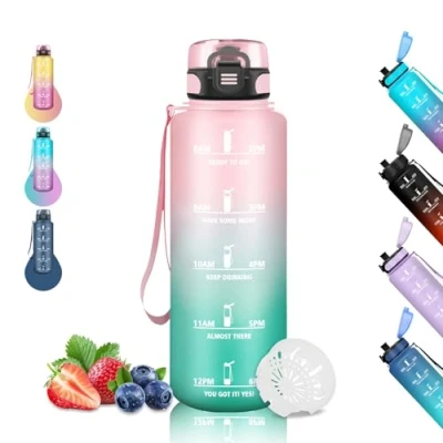 Imagen de Botella Agua, 1.5 Litros, Agua Gimnasio con Filtro, Reutilizable a Prueba de Fugas, Eslogan Motivacional, para Correr, Senderismo, Yoga, Cámping, Rosa Verde