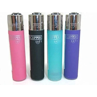 Imagen de 4 x Clipper Encendedores de tacto suave a gas, recargables, original (rosa, negro, turquesa, morado)