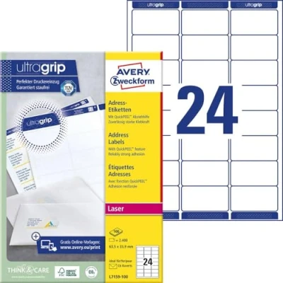 Imagen de Avery L7159 100, Etiquetas de Dirección, Laser, Blanco, 63.5 x 33.9 mm, 100 hojas/2400 piezas