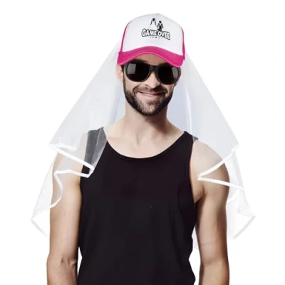 Imagen de BETESSIN Juego 3pcs Accesorios Disfraz Despedida de Soltero Hombre, Gorro Game Over, Velo y Gafas incluídos, Sombrero Soltero, para Novio Fiesta Boda Cosplay Regalo