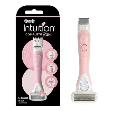 Imagen de Wilkinson Sword Recortadora y Maquinilla de Afeitar Todo en Uno Con Cabezal 5 Hojas Cubiertas Gel Skin Protection, Color Rosa Claro, 1 Unidad