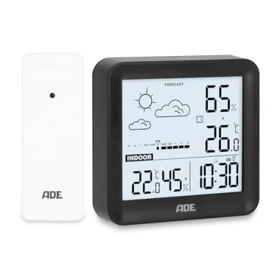 Imagen de ADE Pequeña estación meteorológica digital con sensor exterior y previsión temperatura interior humedad reloj radiocontrolado despertador incl. pilas negro
