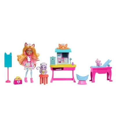 Imagen de Enchantimals City Tails Main Street Clínica de Carlin Cat Muñeca Doctora con Mascota Gato, Set Juego y Accesorios, Juguete +4 años (Mattel HLH22)