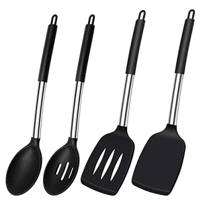 Imagen de Cucharas de silicona para cocinar, espátulas ranuradas resistentes al calor, utensilios cocina grandes negra hornear, paquete 4