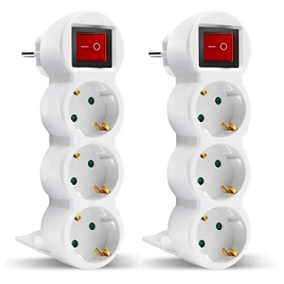 Imagen de EXTRASTAR 3 en 1 Adaptador Plano con Interruptor y Tres Enchufes Schuko, hasta Carge 3680W, 16A, 250V, Blanco, 2 pcs