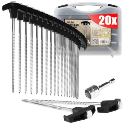 Imagen de COM FOUR® 20x piquetas de Acero con Adaptador para Destornillador inalámbrico Tornillo en Caja Transporte Clavos Tierra robustos Rosca Acampar y al Aire Libre