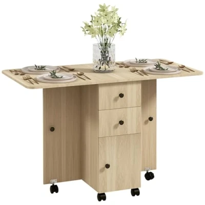 Imagen de HOMCOM Mesa Plegable de Comedor Cocina con Ruedas Alas Abatibles Cajones y Armario para 4 6 Personas 120x60x76,5 cm Natural