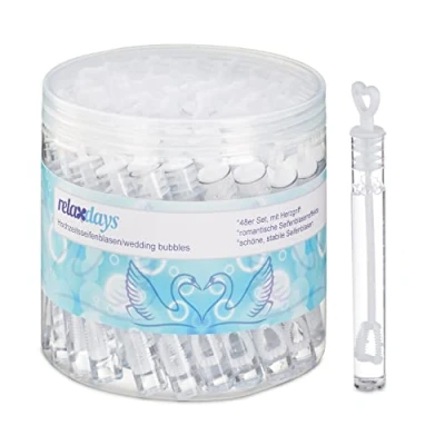 Imagen de Relaxdays Seifenblasen Hochzeit 48er Pomperos Boda, Set de 48, Tubitos para Burbujas Jabón con Asa en Forma Corazón, Regalo Invitados, Blanco, Líquido pompas, 10,5 x 1,3 cm