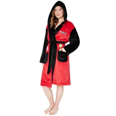 Imagen de Peanuts Snoopy Bata Polar con Capucha, Bolsillos y Cintura Lazo para Mujer (Rojo/Negro, S)