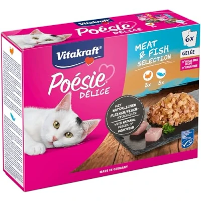 Imagen de Vitakraft Poésie Délice, Selección Carne y Pescado, comida húmeda para gatos en sobres, con gelatina, pechuga de pavo salmón, alimento adultos, sin azúcares añadidos (1 pack 6 x 85g)