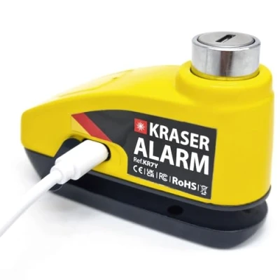 Imagen de KRASER KR7Y Candado Moto Disco Alarma USB Batería Recargable, 110dB Sensores Movimiento, Impermeable Resistente Visible, Bloqueo Presión 7mm con Accesorios, Antirrobo Pinza Freno Scooter