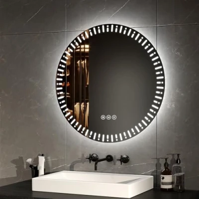 Imagen de EMKE Espejo de baño Redondo con retroiluminación LED, diámetro 60 cm, antivaho+Interruptor táctil+3 Colores luz Variables, Decorativo Moda,Espejo