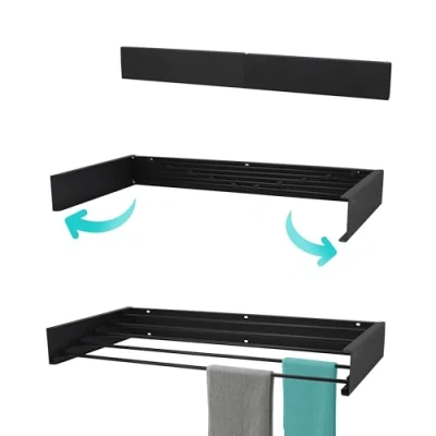 Imagen de KROMS tendedero Extensible Pared Full Color Negro 80cm 4m de Longitud Secado Incl. Plantilla perforación tendederos Plegables Ropa Balcon