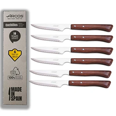 Imagen de Arcos cuchillos chuleteros cuchillo madera chuletero 6 Piezas juego carne mango Envase Eco Fabricado en España