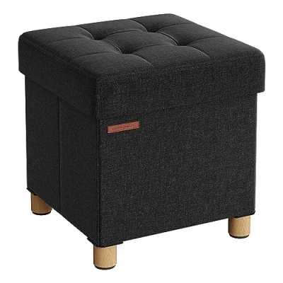 Imagen de SONGMICS LSF014B11 Puf, baúl de Almacenamiento, Taburete con reposapiés, Plegable, Banco, 38 x 40 cm, para Sala Estar y Dormitorio, Negro