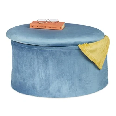 Imagen de Relaxdays Taburete Plegable de Terciopelo, Banqueta Tapizada, Puff con Almacenaje, Reposapiés, 31 x 57 cm, Azul Petróleo, Acero