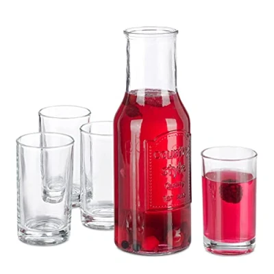 Imagen de Relaxdays Juego Jarra de Vidrio con Vasos, Garrafa Cristal sin Tapa 1,5 litros, 4 Vasitos 200 ml, Transparente, 5 Piezas
