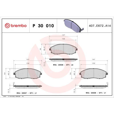 Imagen de BREMBO P 30 010 Juego de pastillas freno con avisador acústico desgaste sin accesorios HYUNDAI: H 1 / Starex MPV, Furgón, H100 Furgón