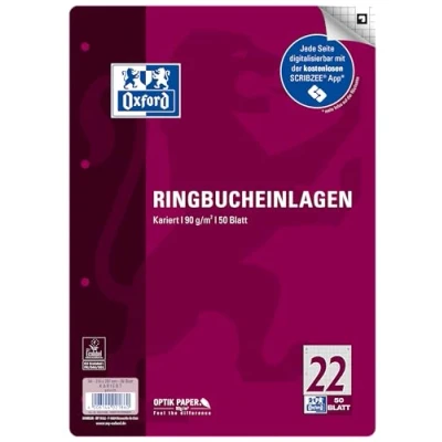 Imagen de Oxford 400131466 Recambio para archivador de anillas (A4, 50 hojas, 22 líneas, cuadriculado, sin márgenes, 90 g/m², compatible con SCRIBZEE)