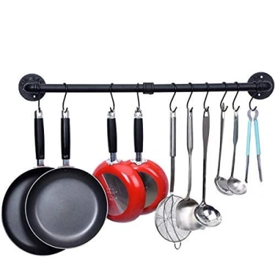 Imagen de WuGeShop Soporte de pared para ollas, barra colgar sartenes con 10 ganchos, organizador utensilios cocina, estante color negro