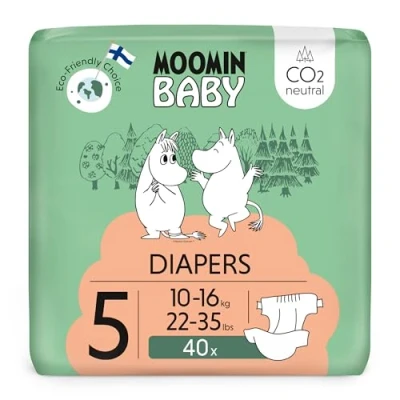 Imagen de pañales Muumi Baby Eco Talla 5, 10 16 kg, 40 premium con barrera antifugas suaves y agradables para la piel, transpirables, absorbentes, sin productos químicos innecesarios