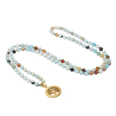 Imagen de COAI Collar Mala 108 Cuentas de Amazonita Anudadas a Mano con Colgante Árbol la Vida Acero Inoxidable