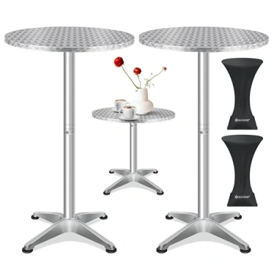 Imagen de KESSER® Mesa Alta Plegable Bistró Placa de Acero Inoxidable recubierta Polvo Patas Ajustables en Altura Conjunto 2 mesas Fiesta Ø 80 cm Interior y Exterior Plateada