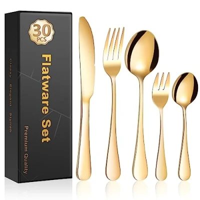 Imagen de Cinnani Cubiertos Dorados de 30 piezas, Juego para 6 personas, Cubertería Acero Inoxidable, Cuberterias Completas, Set con Cuchillo, Tenedor, Cuchara, Apto Lavavajillas